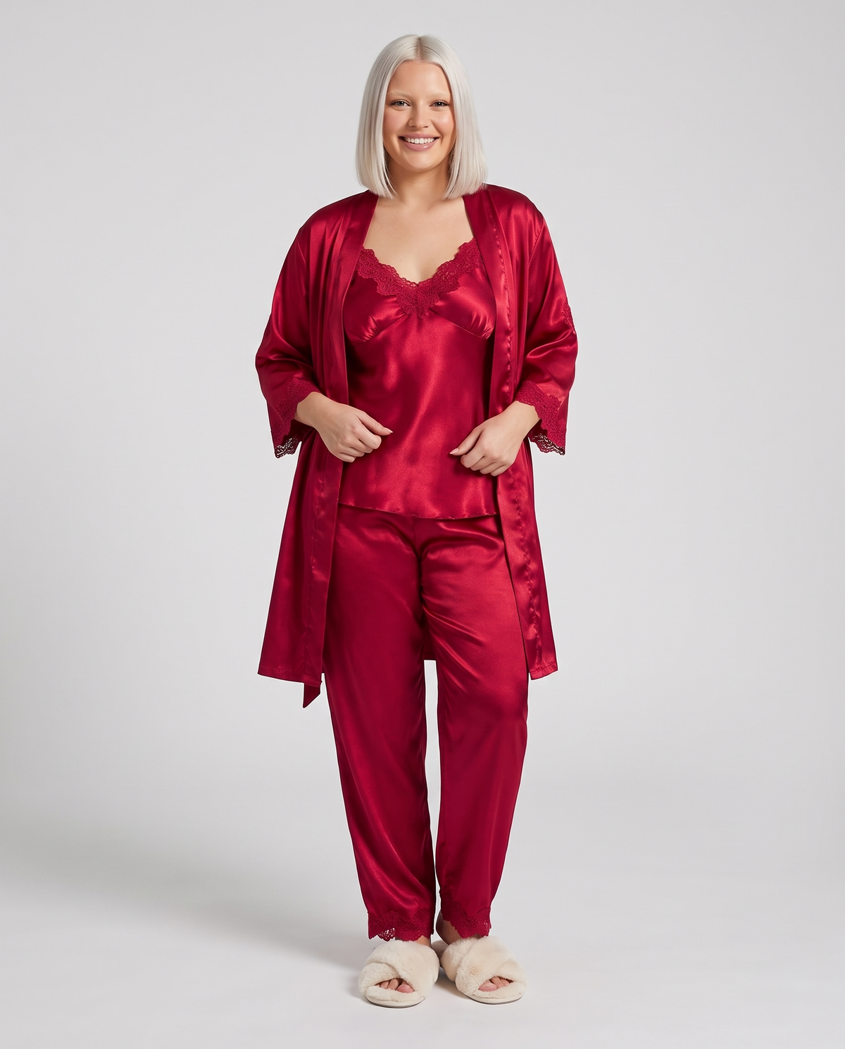 Lace Trim Satin Pyjama Set with Kimono in Red