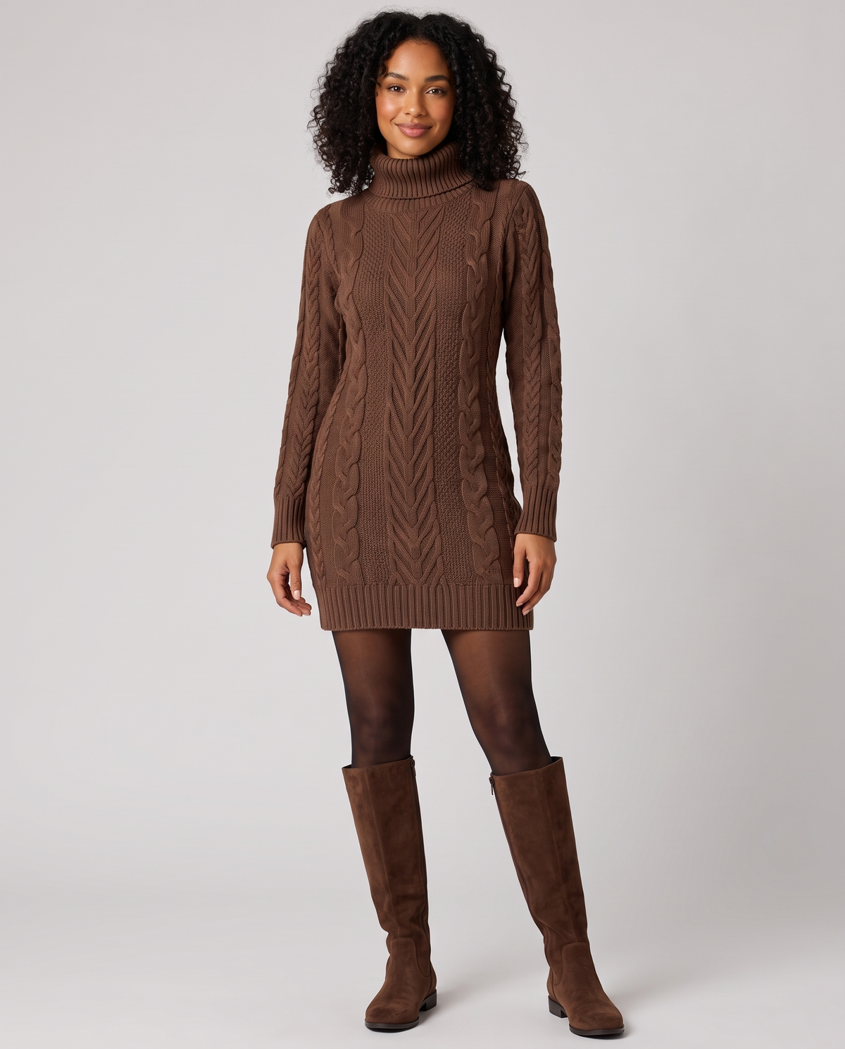 Long Sleeve Cable Knitted Jumper Dress in Brown