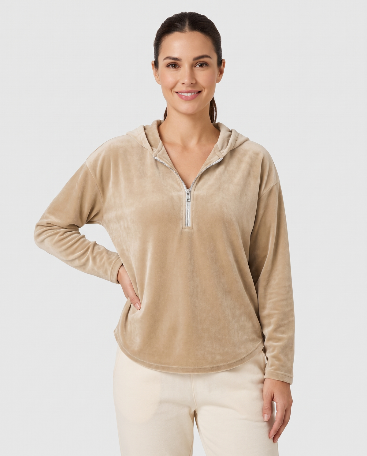 Mairi Women's Velvet Quarter Zip Hoodie - Beige