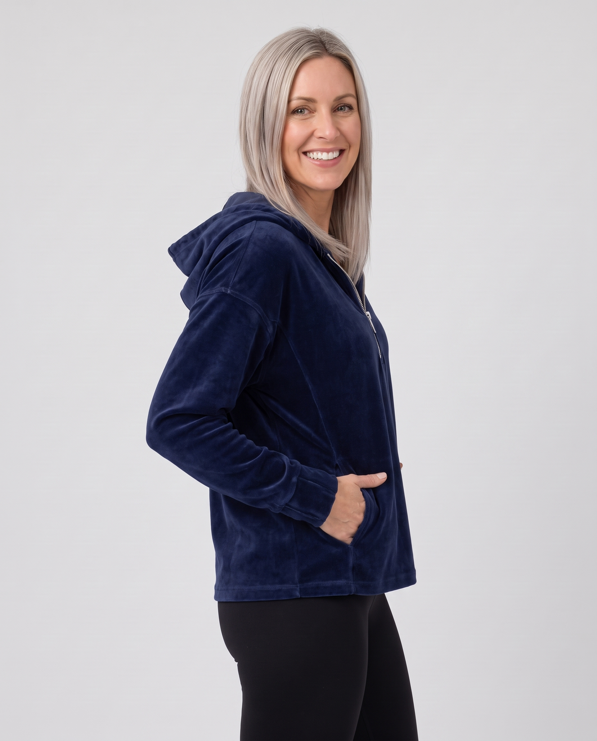 Mairi Women's Velvet Quarter Zip Hoodie - Navy