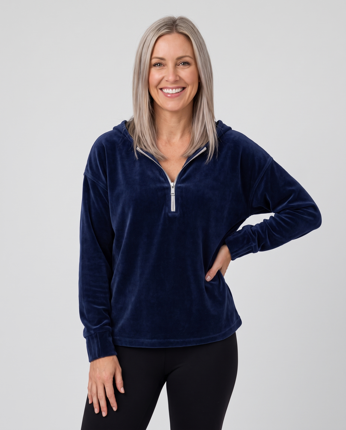 Mairi Women's Velvet Quarter Zip Hoodie - Navy