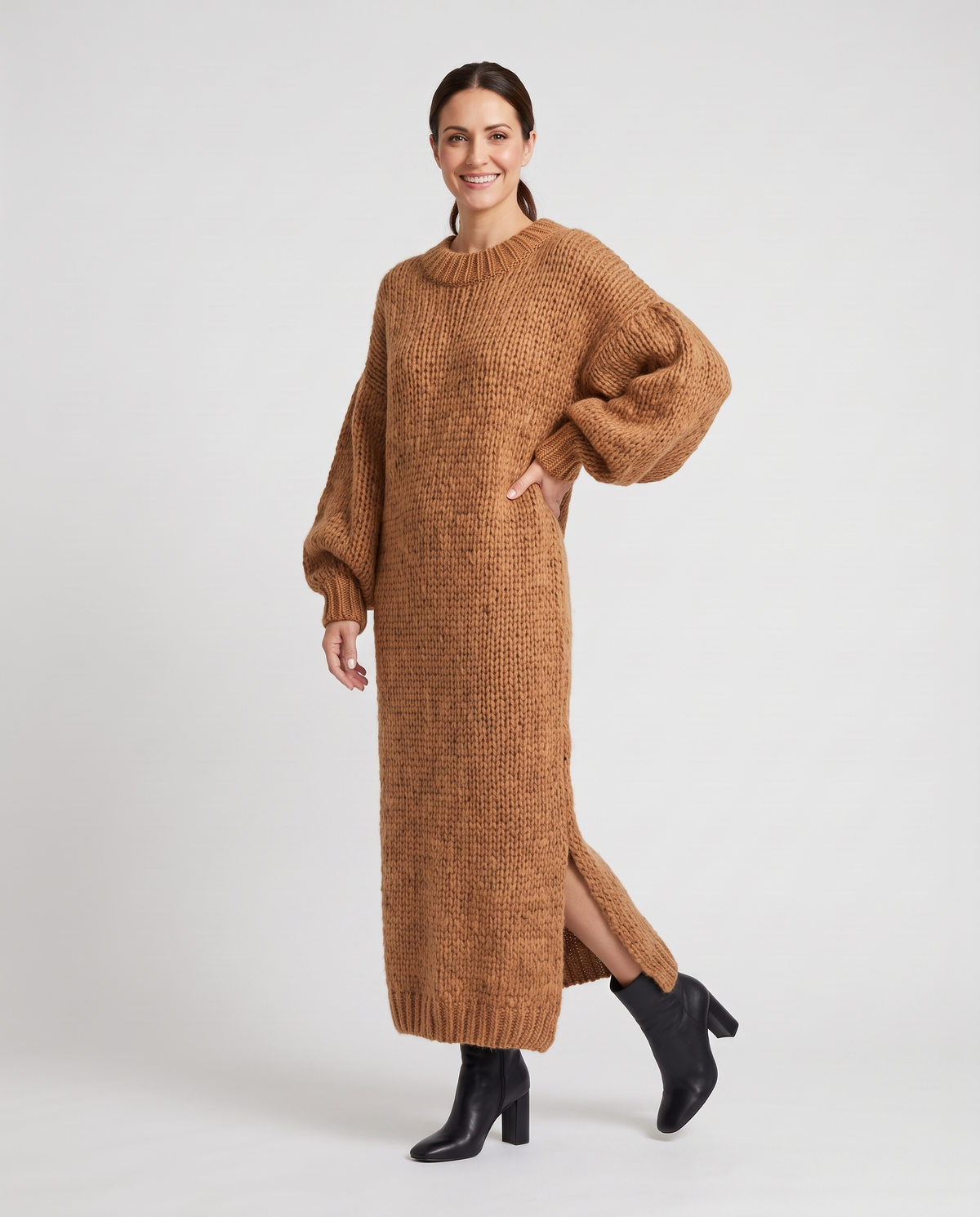 Oversized Maxi Knitted Jumper Dress in Brown, three quarter view