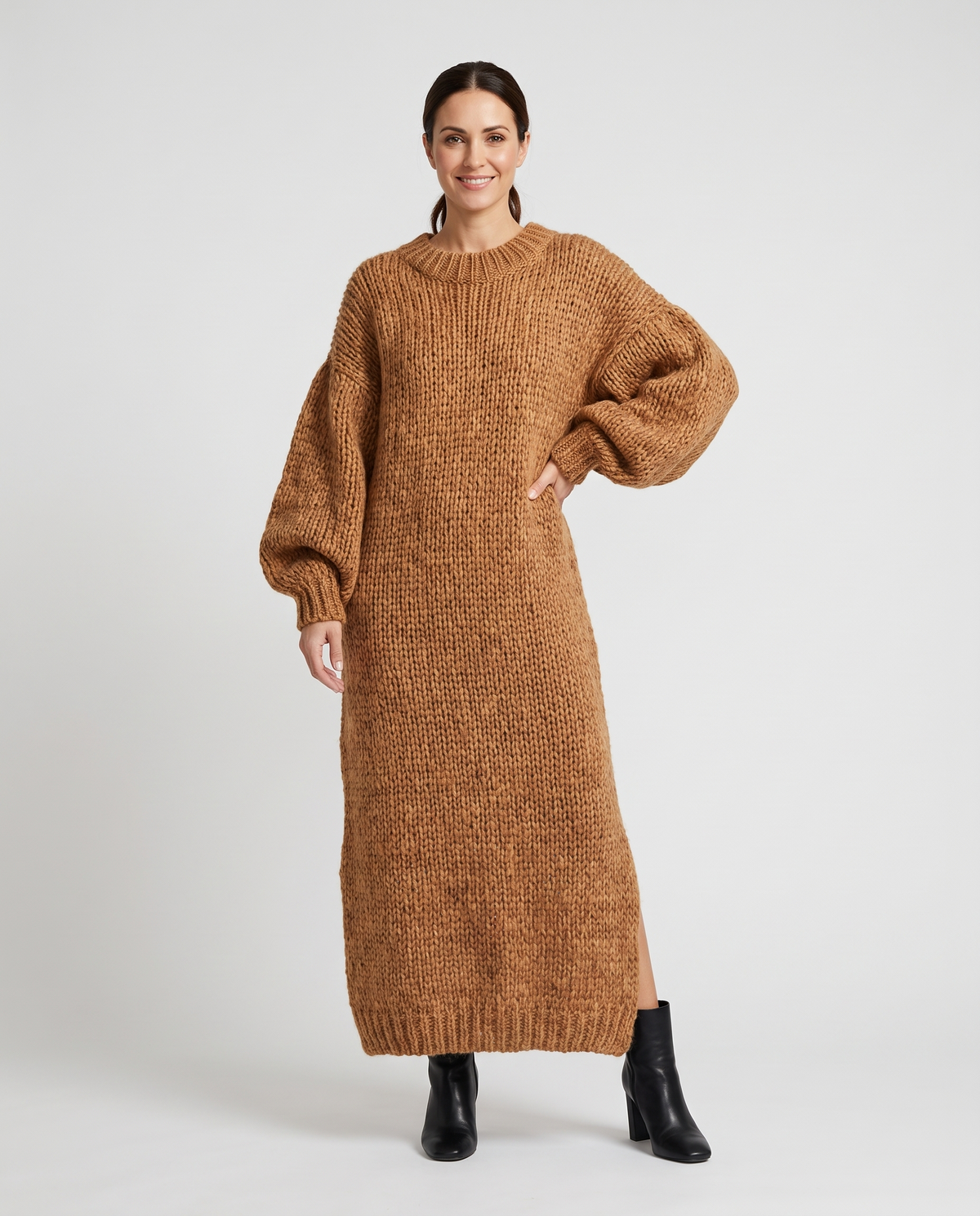 Oversized Maxi Knitted Jumper Dress in Brown