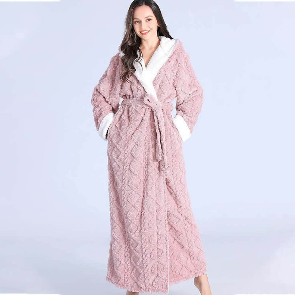 Hester Long Fleece Hooded Dressing Gown - Pink