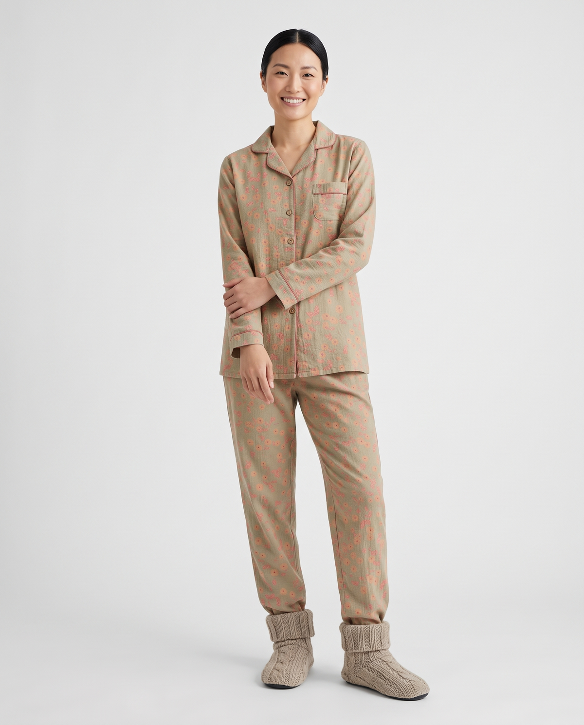 Printed Button Front Pyjama Lounge Set in Beige