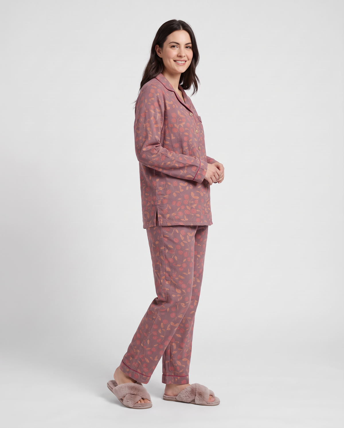 Printed Button Front Pyjama Lounge Set in Dark Pink, three quarter view