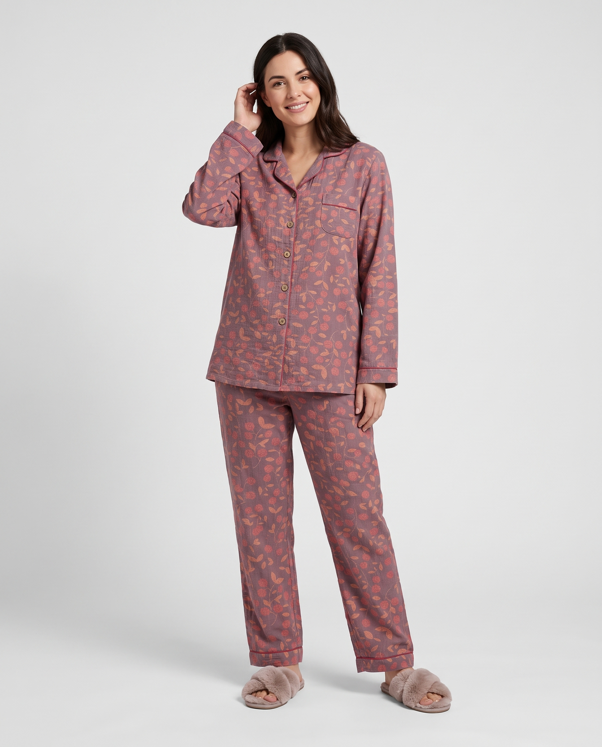 Printed Button Front Pyjama Lounge Set in Dark Pink