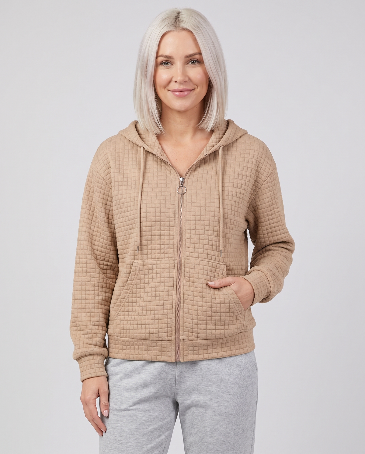 Rhian Women's Textured Zip Up Hoodie - Khaki