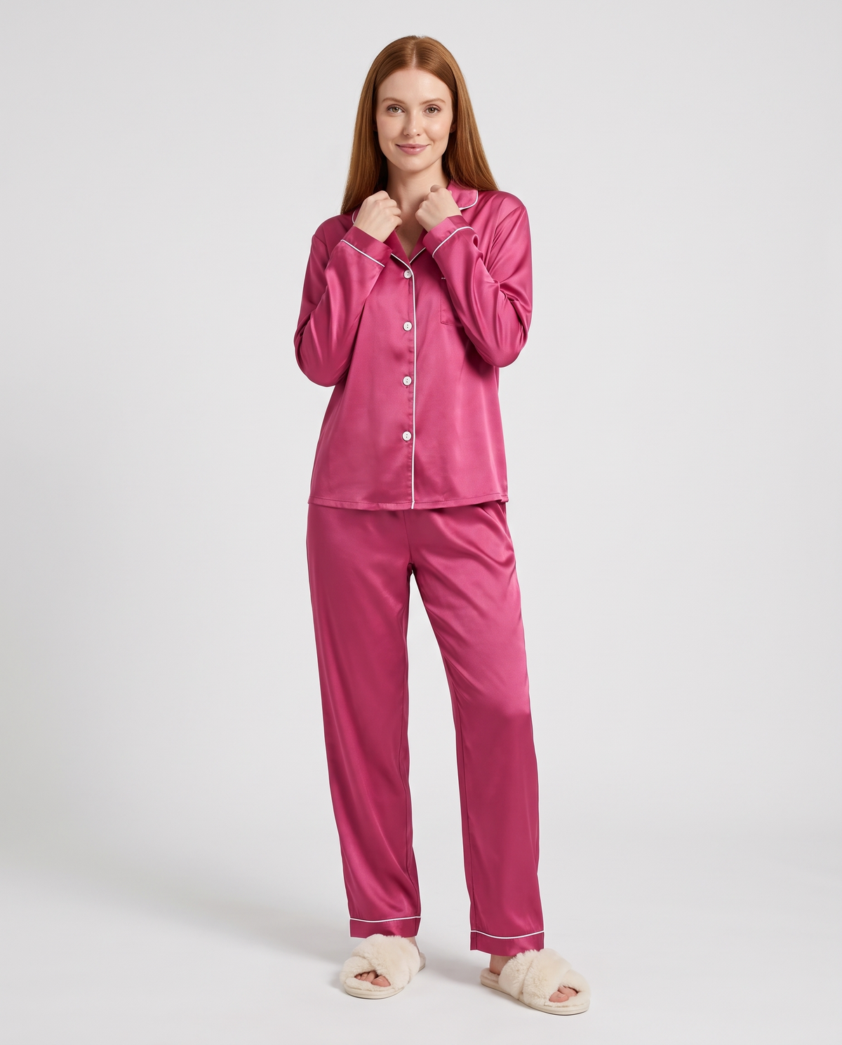 Satin Button Front Pyjama Lounge Set in Hot Pink