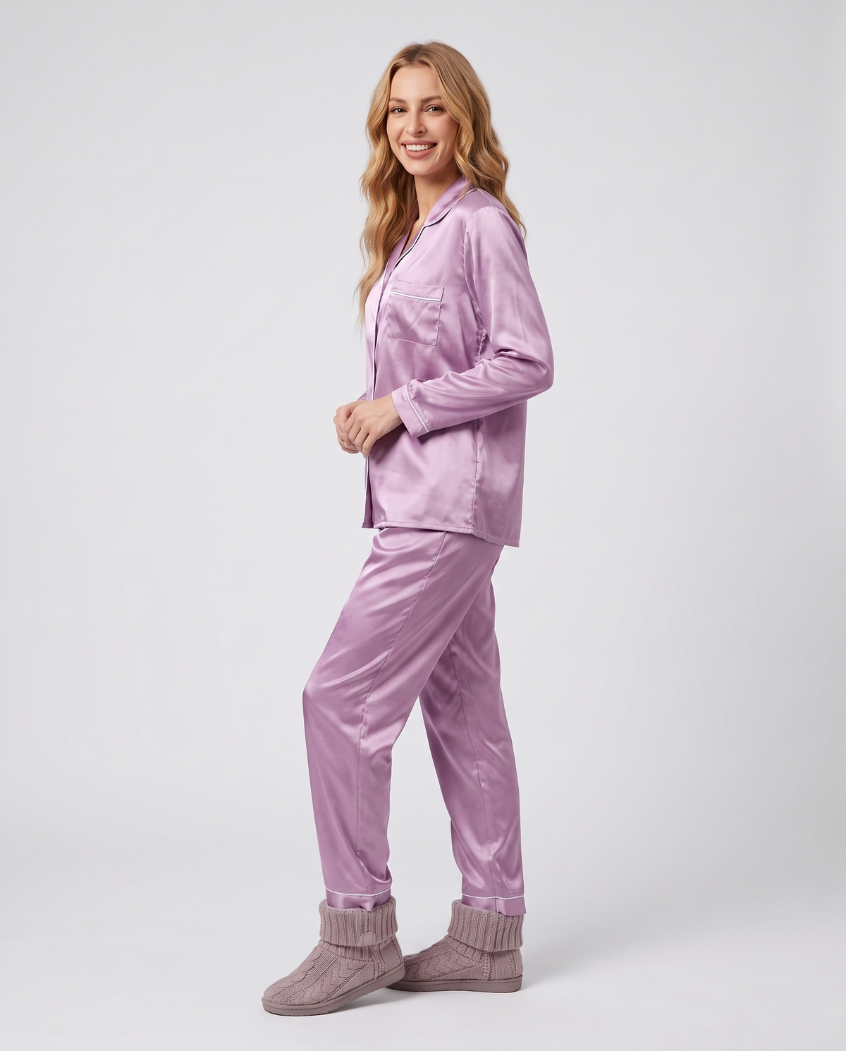 Satin Button Front Pyjama Lounge Set in Purple, three quarter view