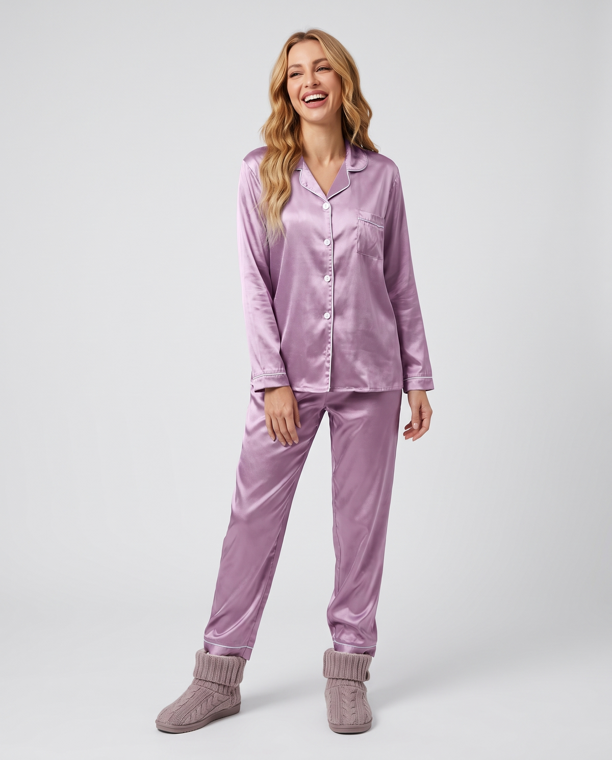 Satin Button Front Pyjama Lounge Set in Purple