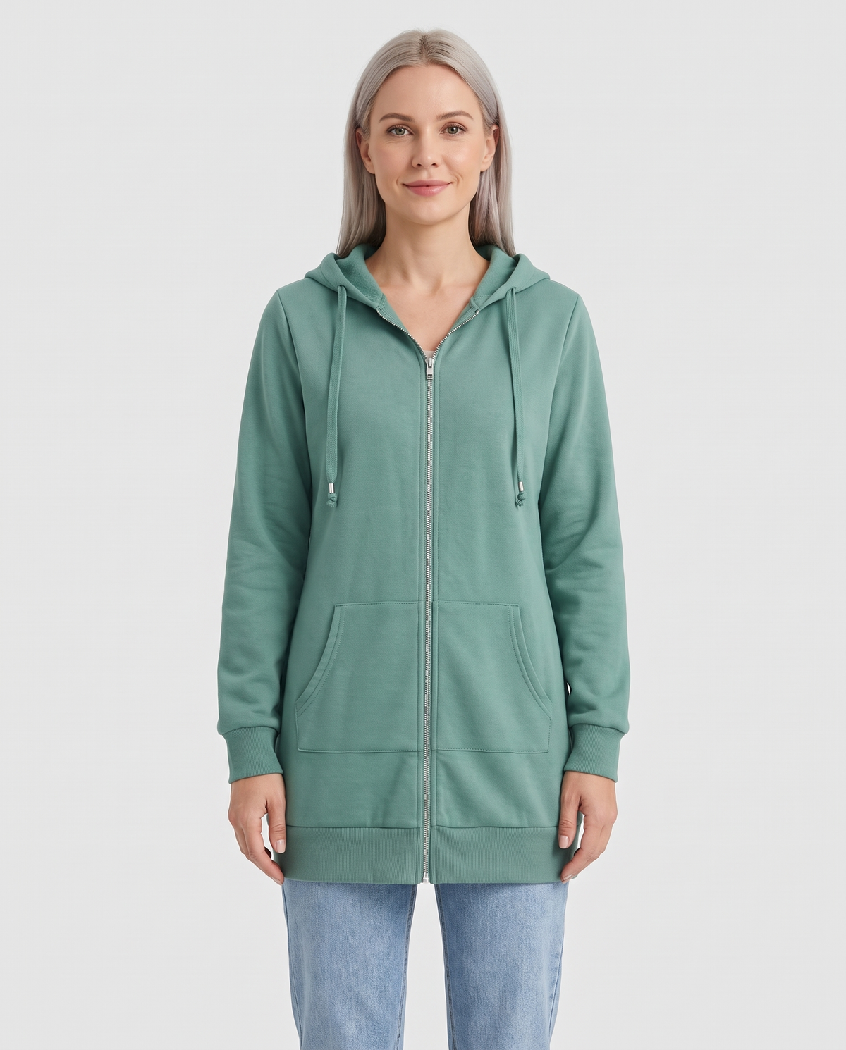 Shona Women's Longline Zip Up Hoodie - Light Green