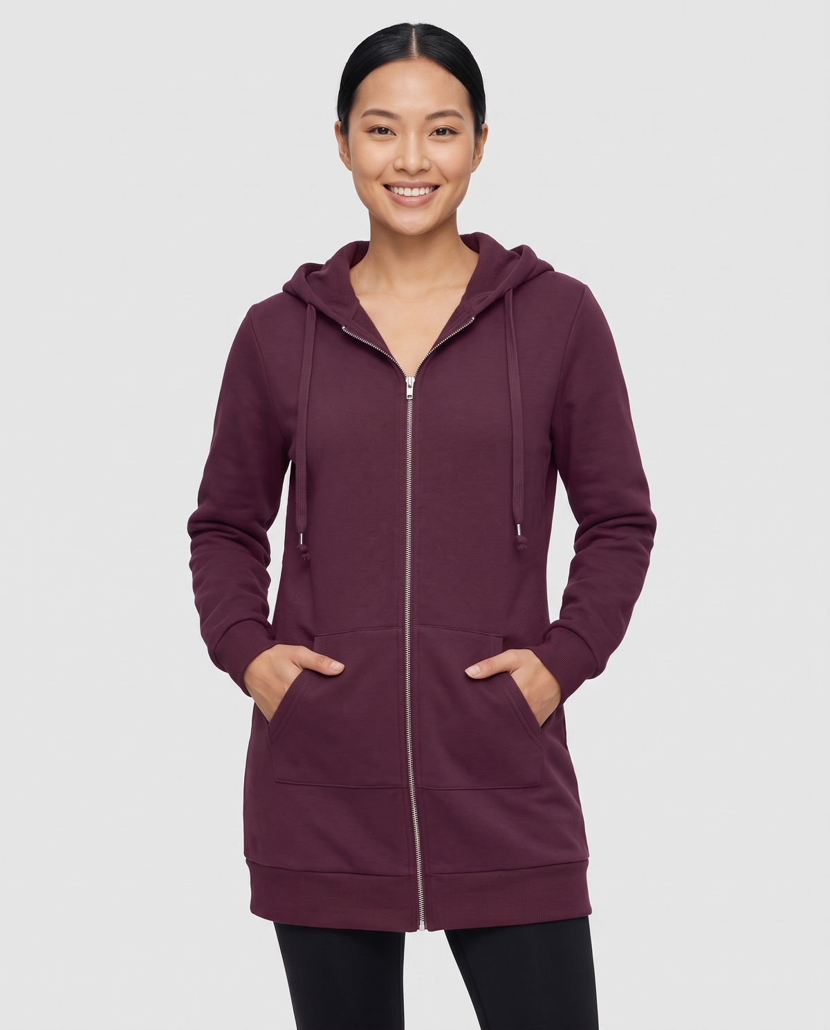 Shona Women's Longline Zip Up Hoodie - Wine Red