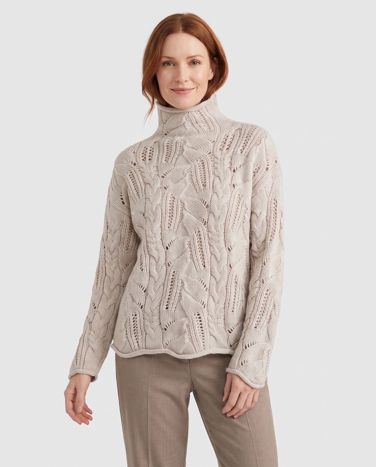 Soft Cable Knit Sweater with Turtleneck and Pointelle Detail in Beige