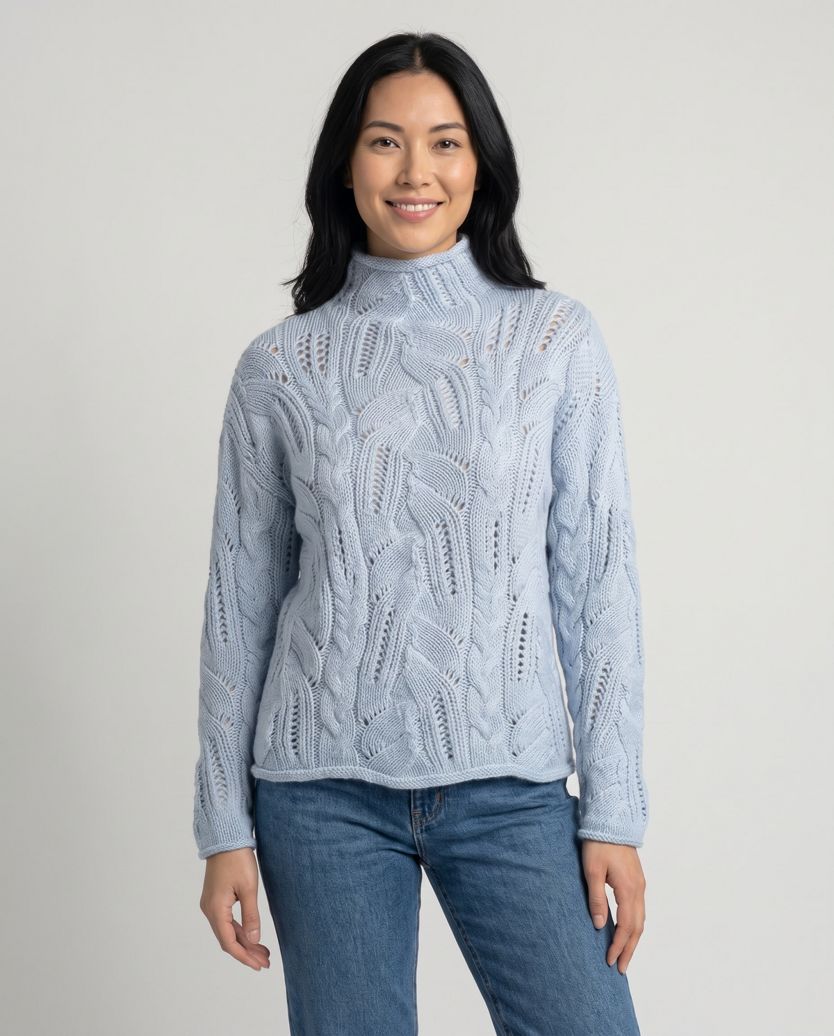 Soft Cable Knit Sweater with Turtleneck and Pointelle Detail in Blue