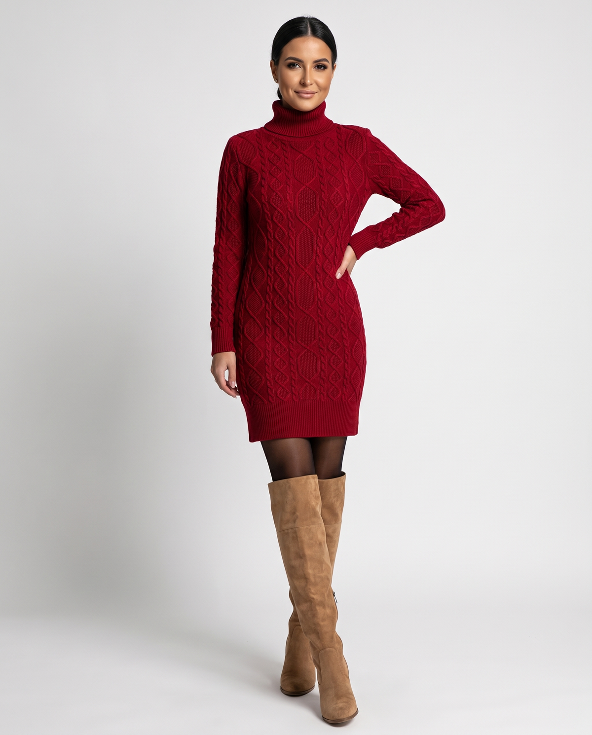 Turtleneck Cable Knitted Jumper Dress in Red