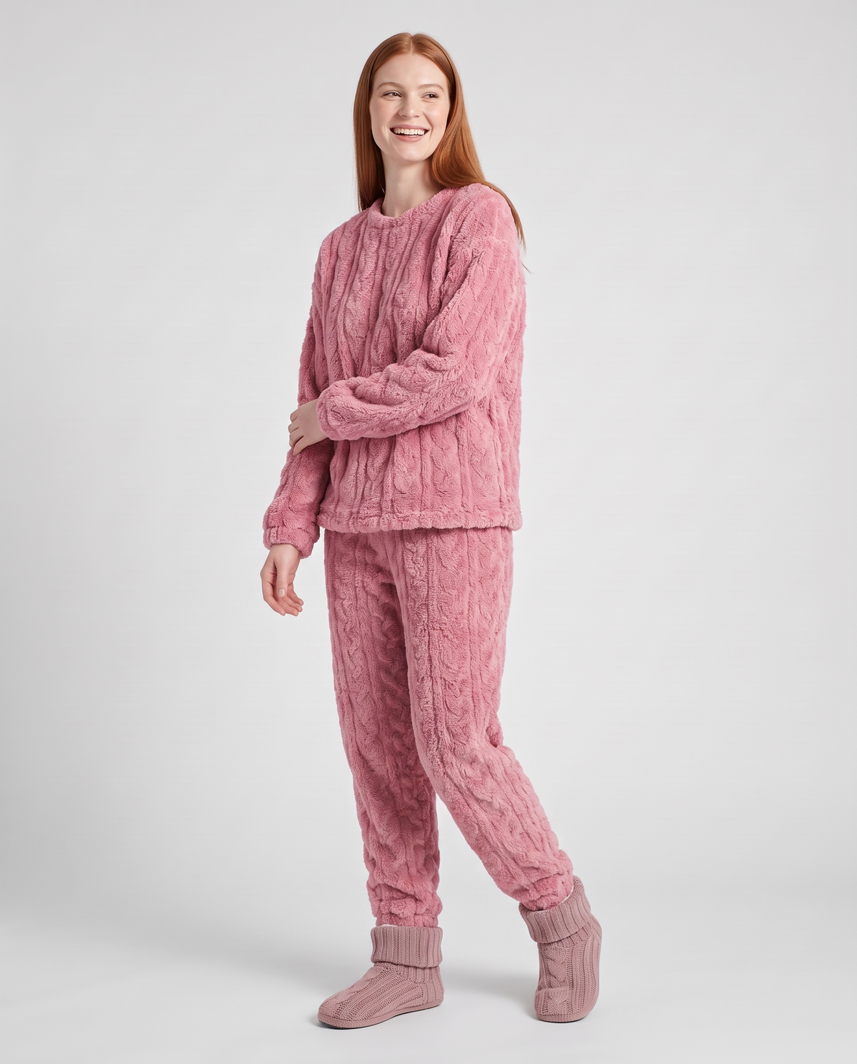 Warm Fleece Pyjama Lounge Set in Pink, three quarter view