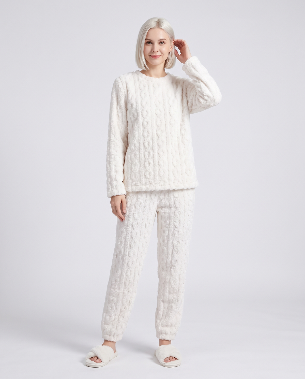 Warm Fleece Pyjama Lounge Set in White