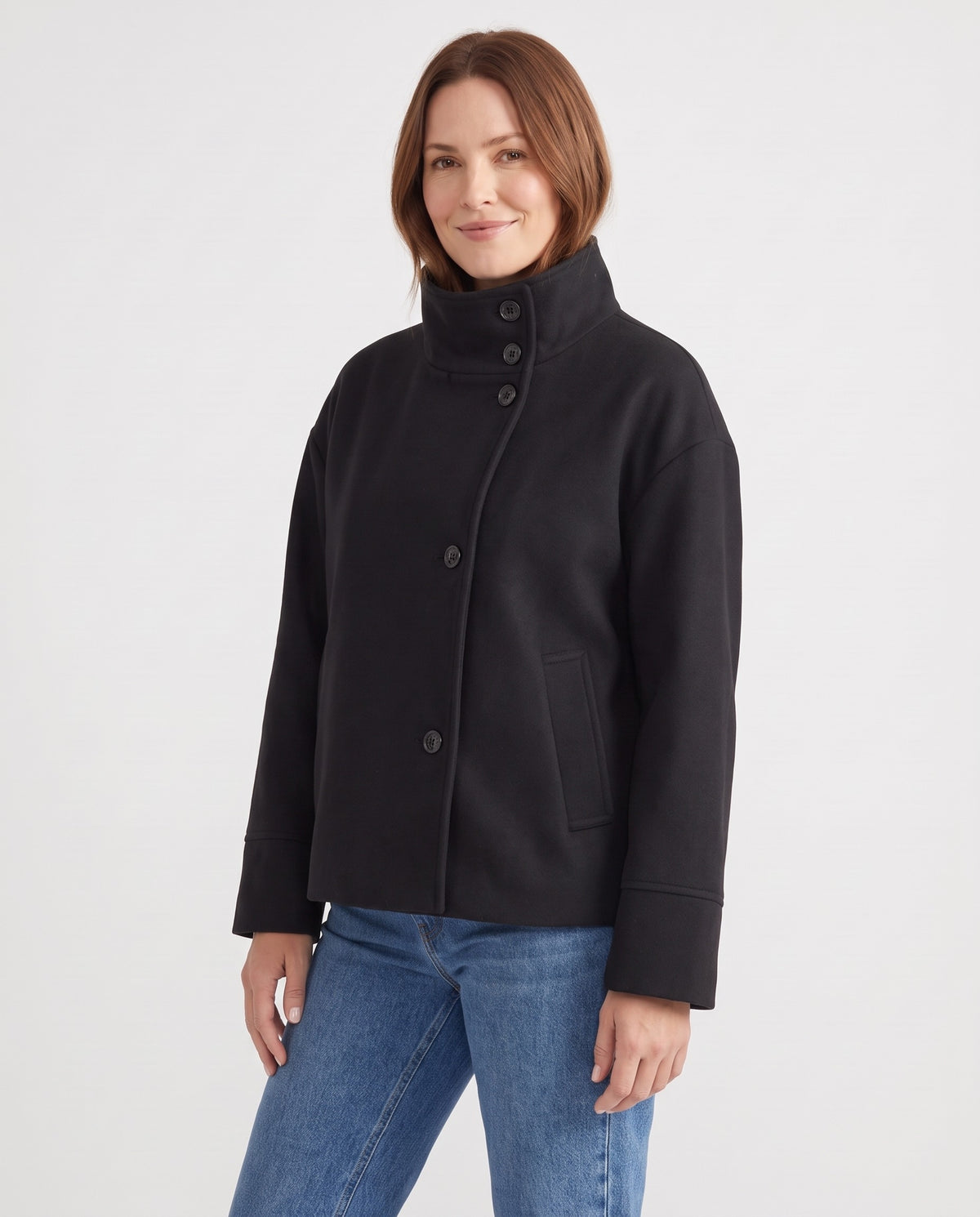 Sally Women's Wool Oversized Peacoat in Black, three quarter view