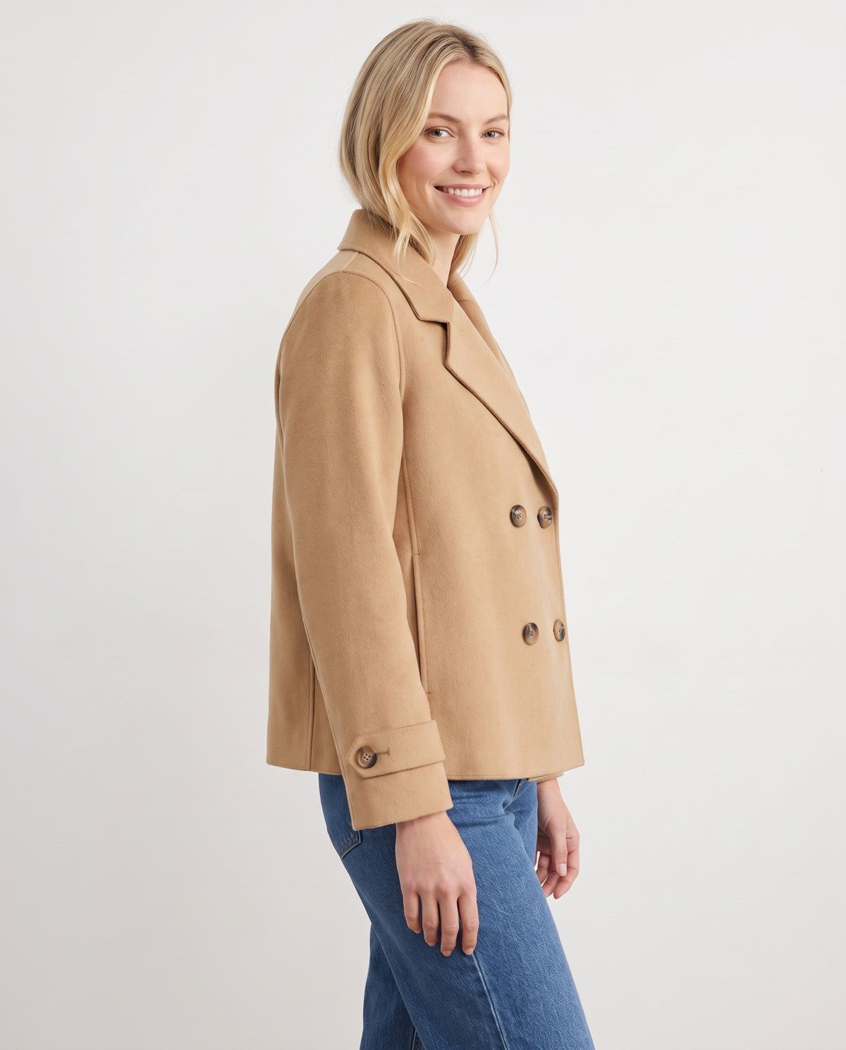 Nesta Women's Wool Blend Peacoat in Khaki, three quarter view