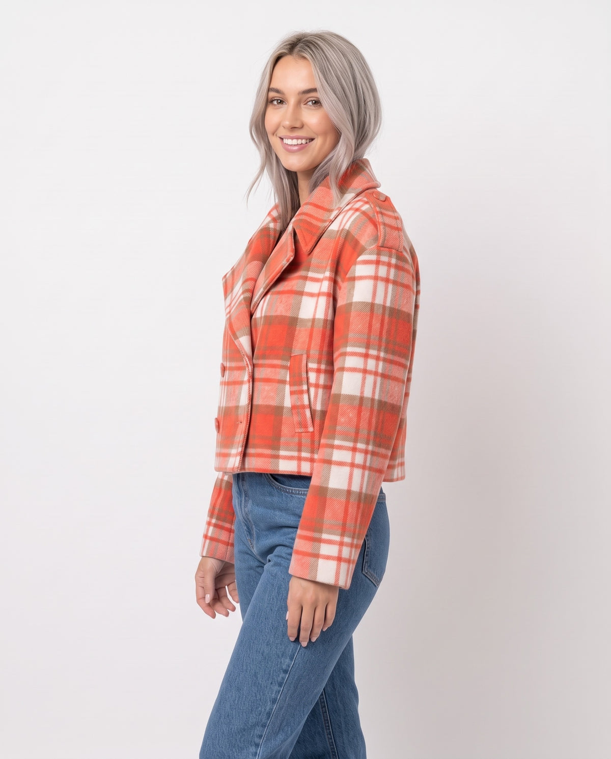 Wendy Women's Plaid Cropped Peacoat in Fireside, three quarter view