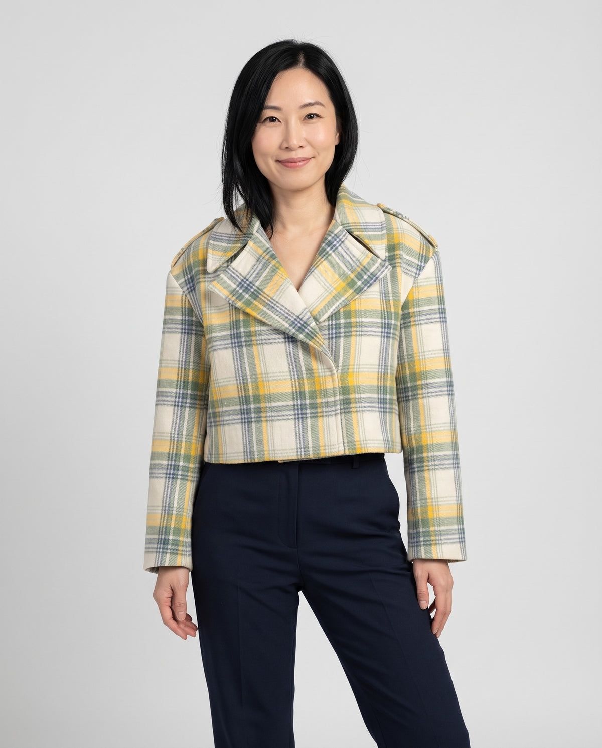 Wendy Women's Plaid Cropped Peacoat in Harvest Sky