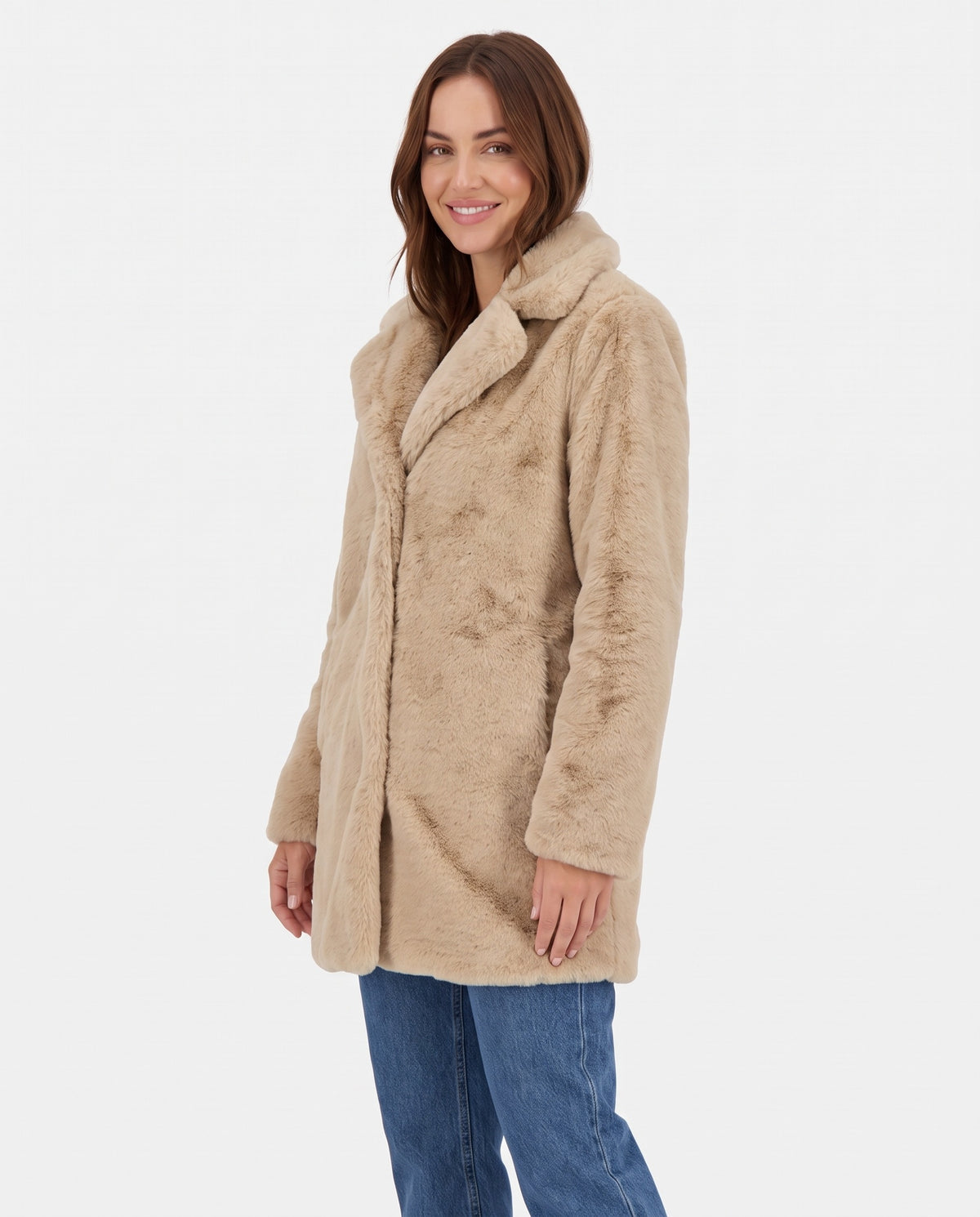 Mali Women's Winter Faux Fur Coat in Beige, three quarter view