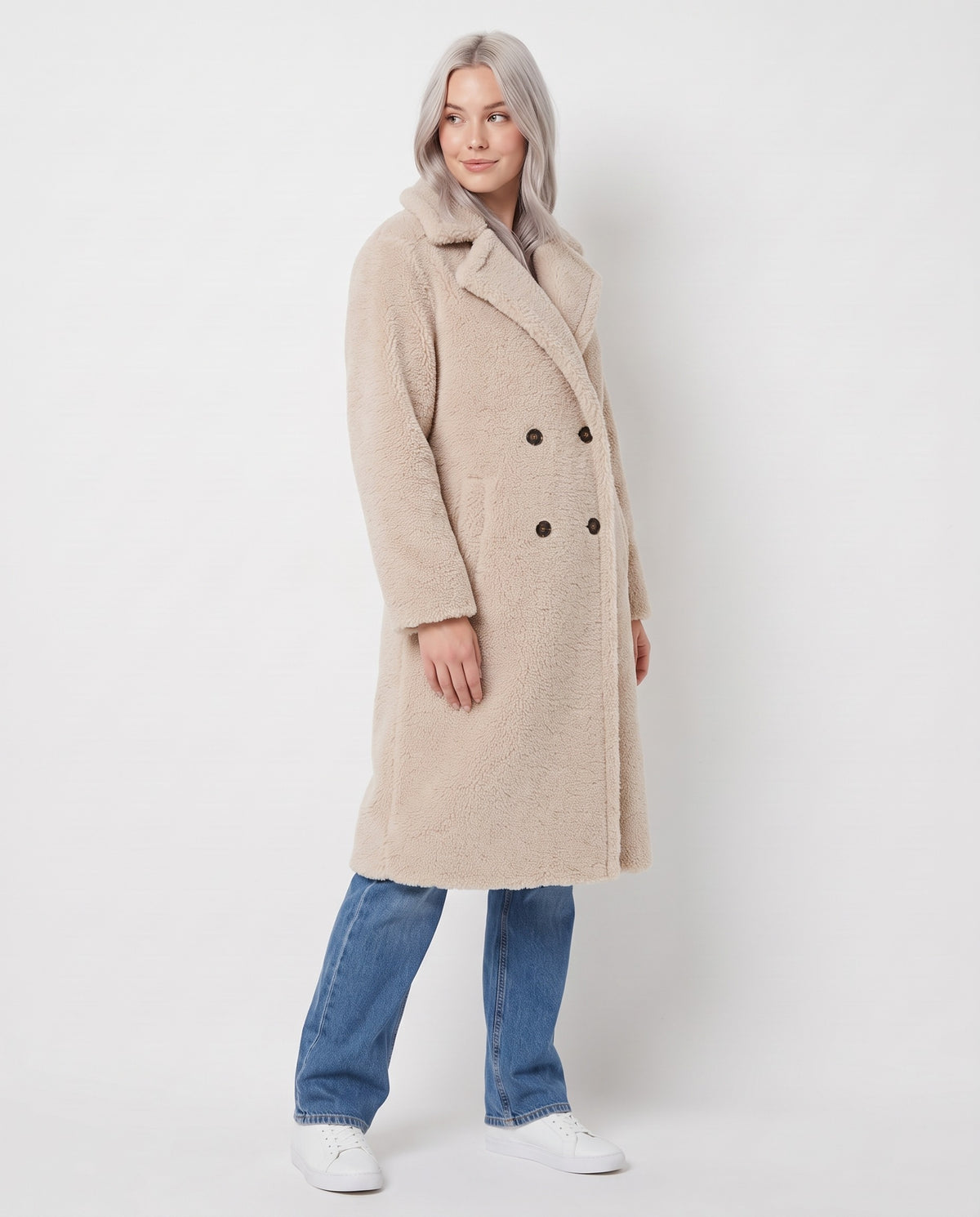 Lynn Women's Winter Long Teddy Faux Fur Coat in Beige, three quarter view