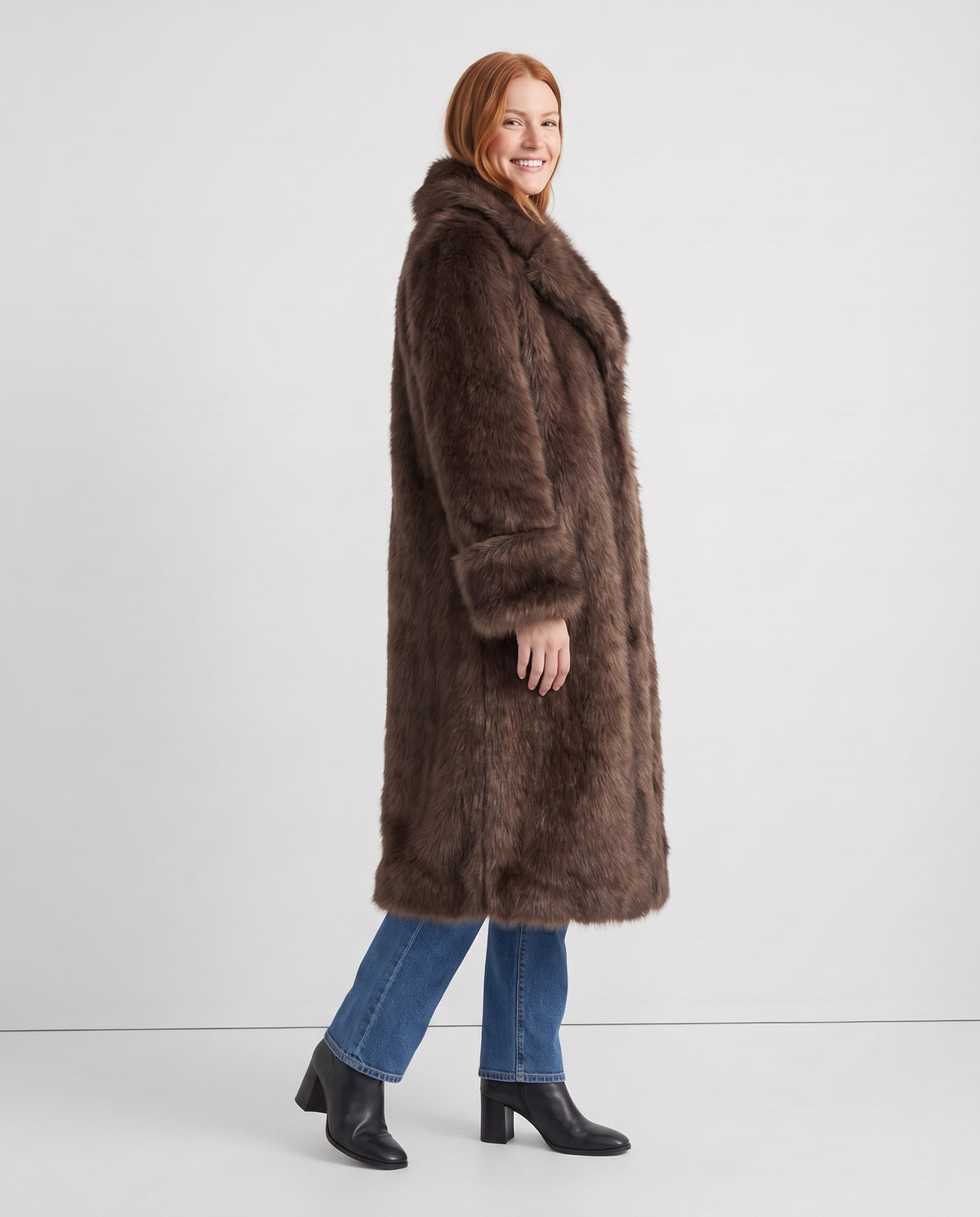 Joan Women's Winter Long Faux Fur Coat in Dark Brown, three quarter view