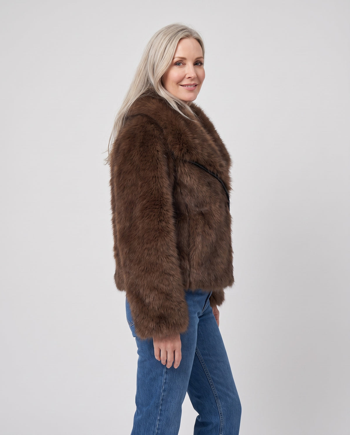 Sue Women's Plush Short Faux Fur Coat in Dark Brown, three quarter view
