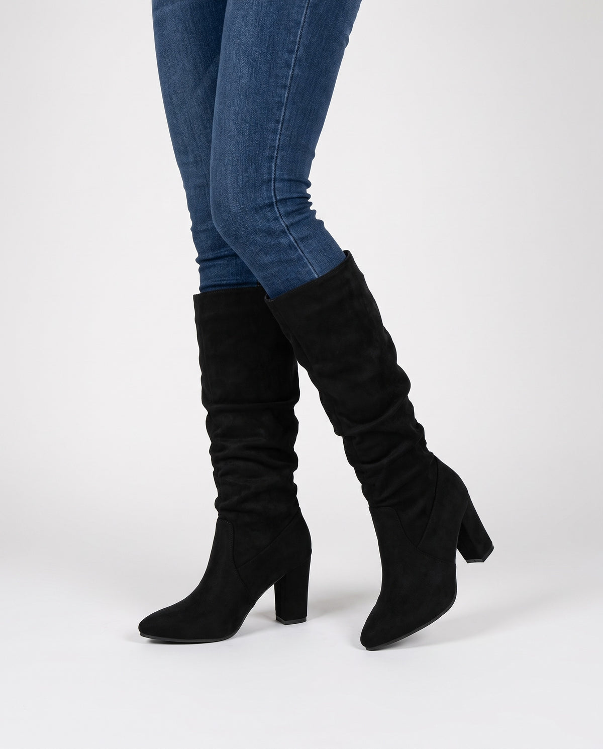 Dawn Women's Suede Winter Slouchy Heeled Knee High Boots in Black
