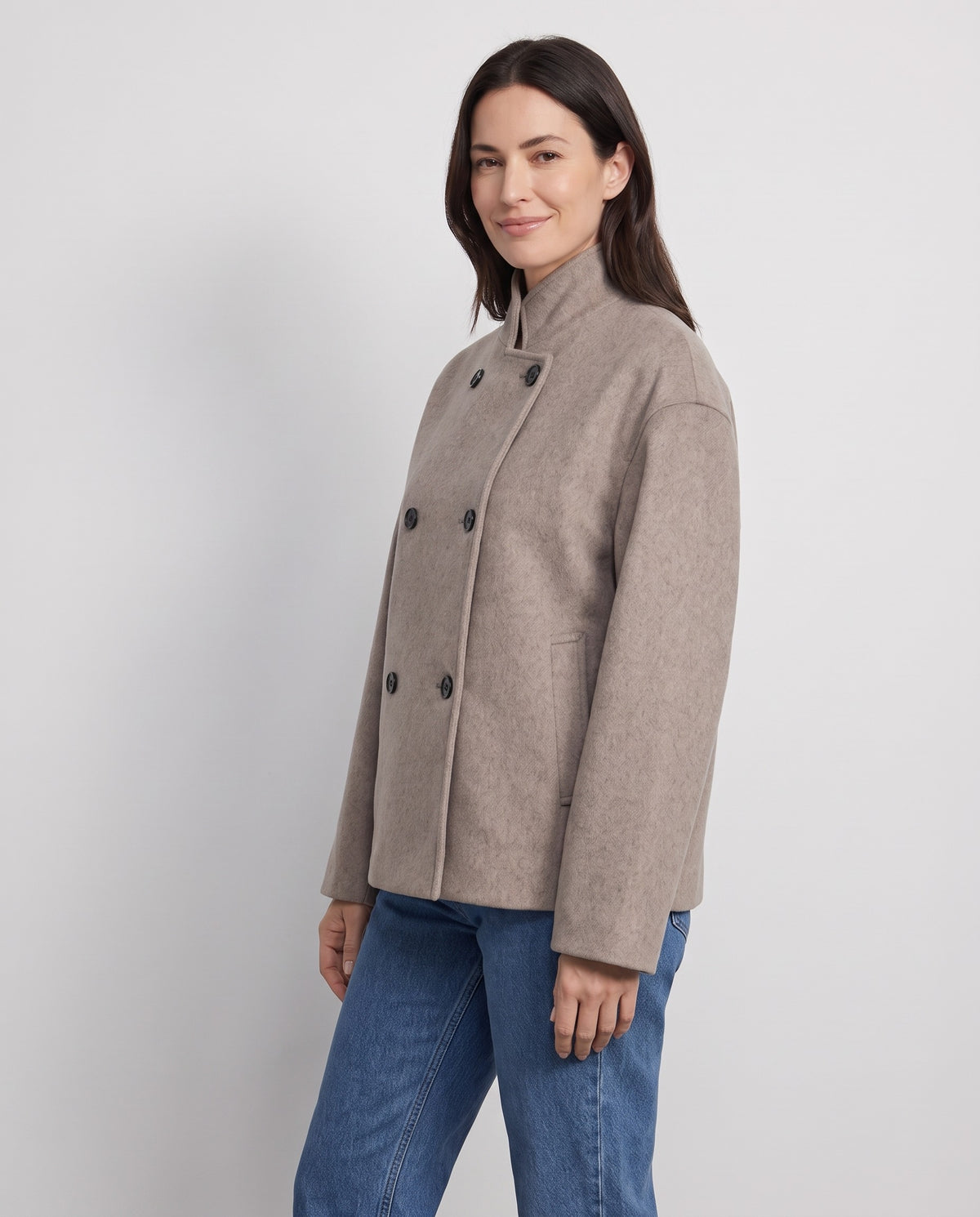 Kerra Women's Double Breasted Peacoat in Taupe, three quarter view