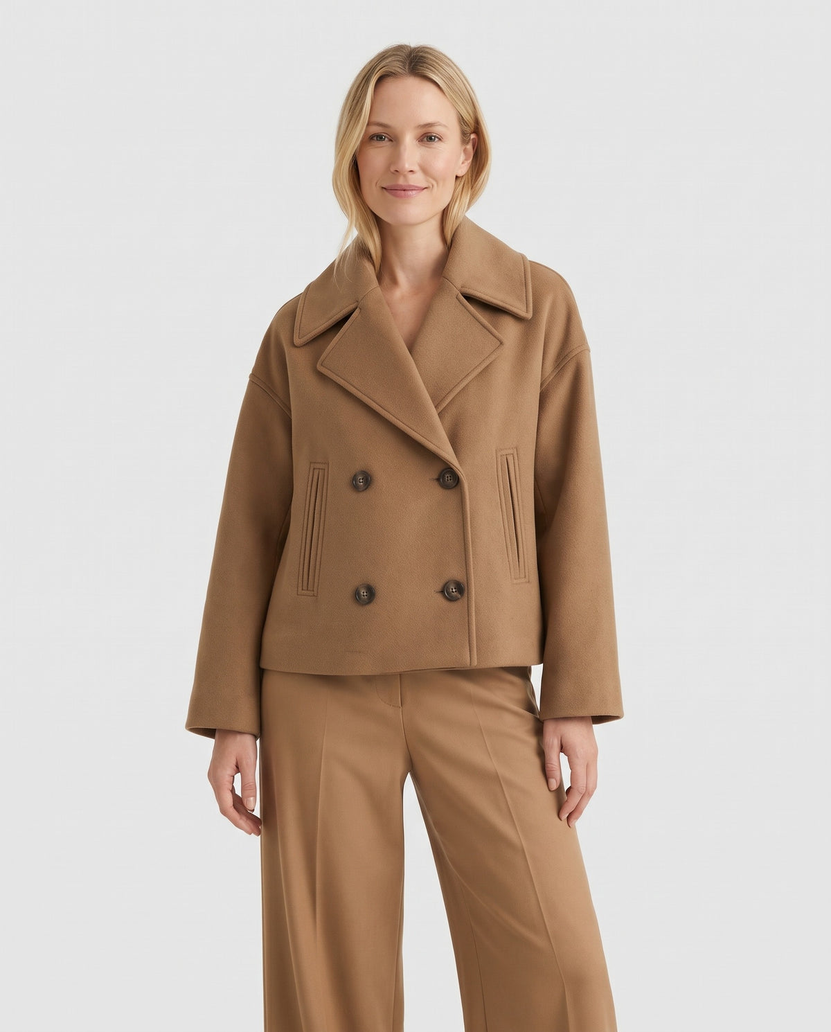 Tegan Women's Wool Double Breasted Peacoat in Camel