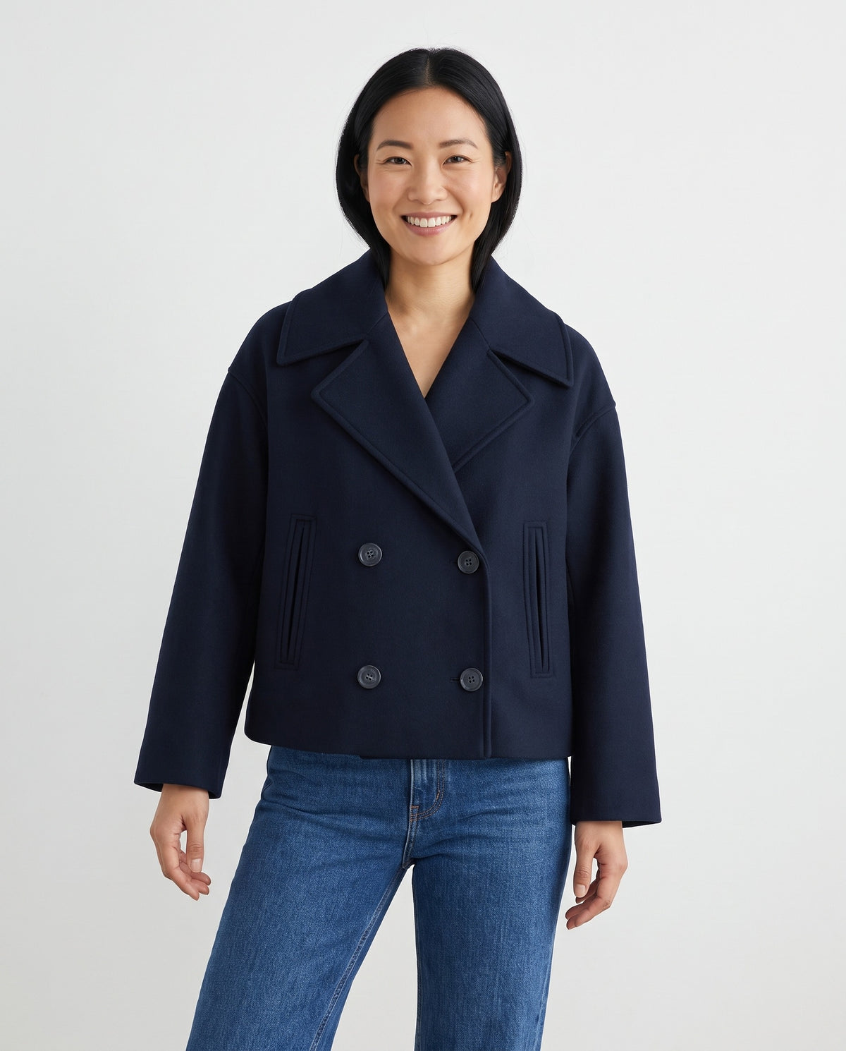 Tegan Women's Wool Double Breasted Peacoat in Dark Blue