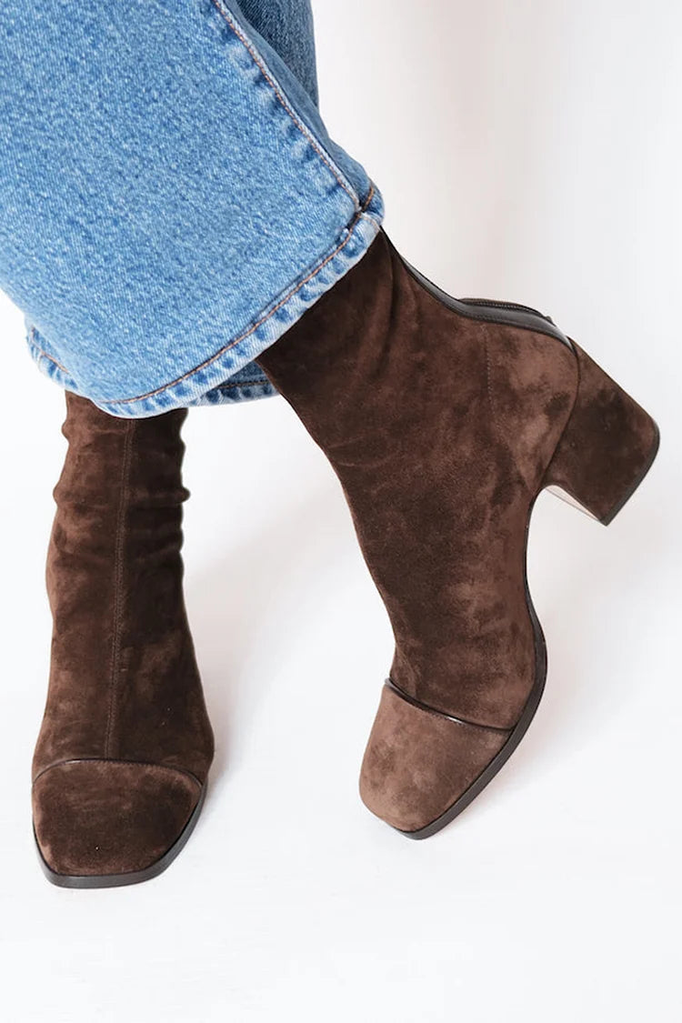 Amy Women's Suede Winter Heeled Ankle Boots - Dark Brown
