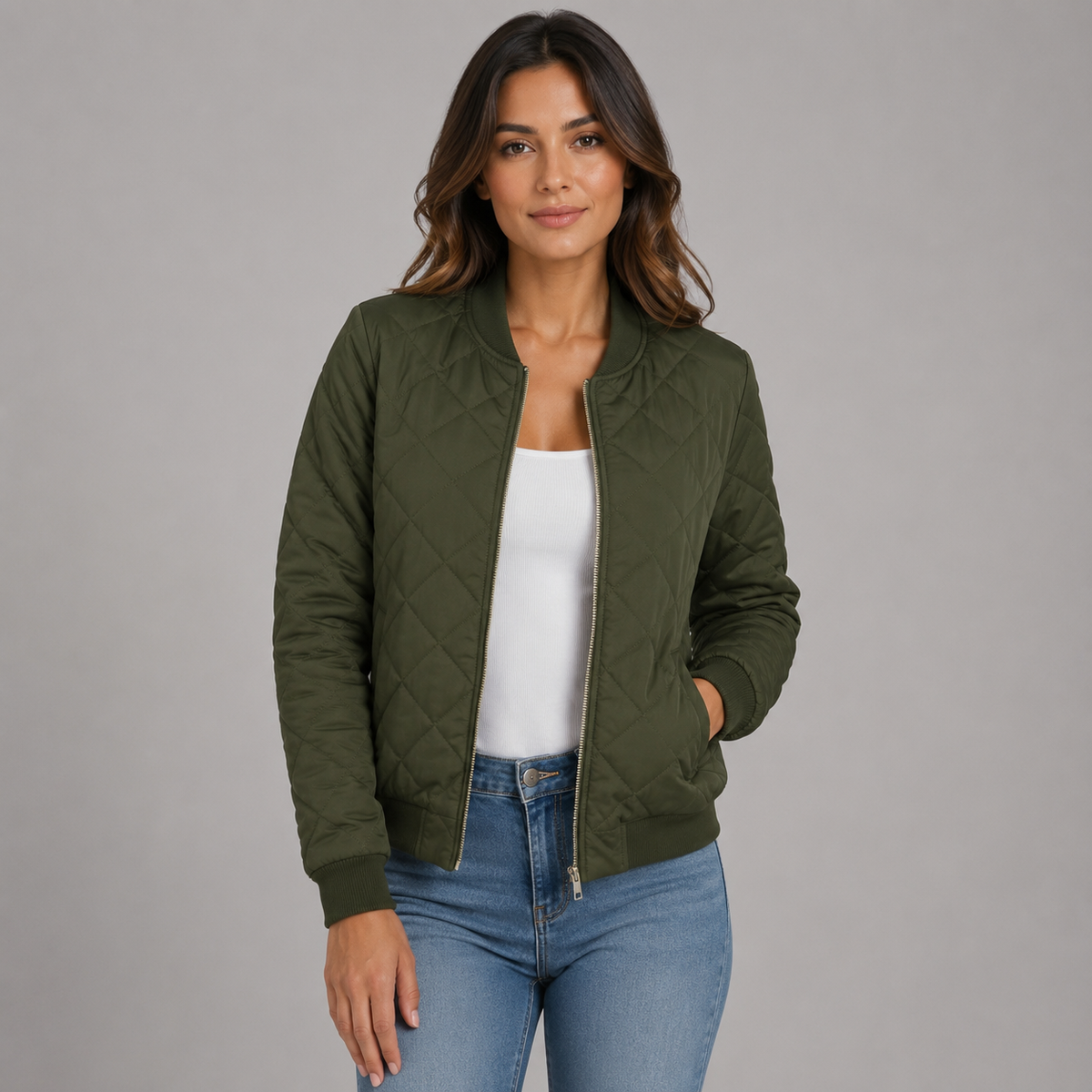 Darcy | Women's Cropped Diamond Quilted Bomber Jacket with Ribbed Trims