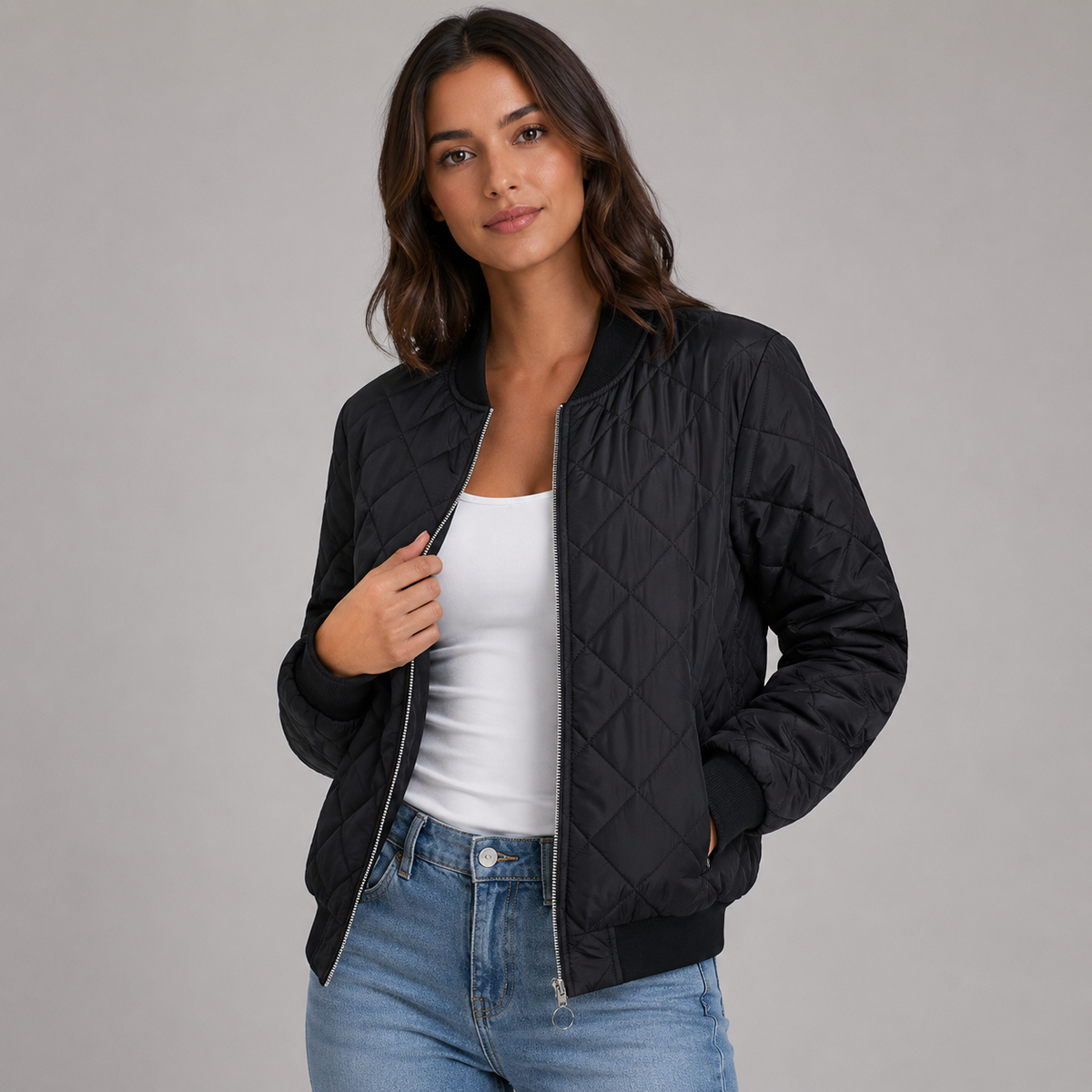 Darcy | Women's Cropped Diamond Quilted Bomber Jacket with Ribbed Trims