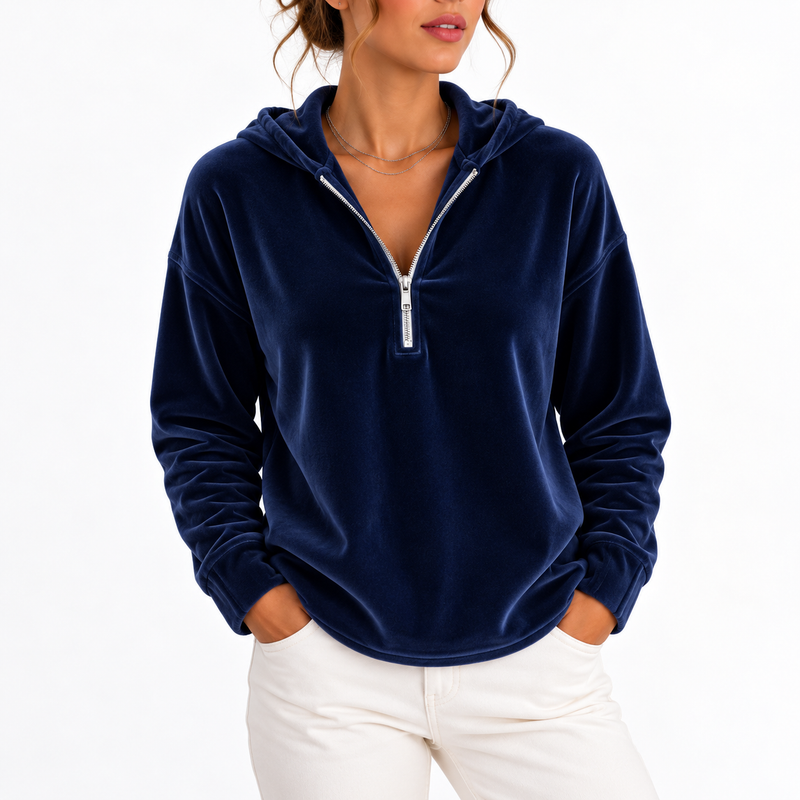 Mairi Women's Velvet Quarter Zip Hoodie - Navy