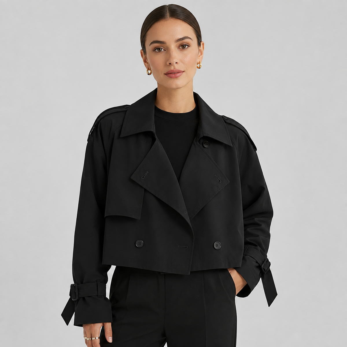Camilla | Women's Cropped Trench Coat with Double Breasted Front and Lapels