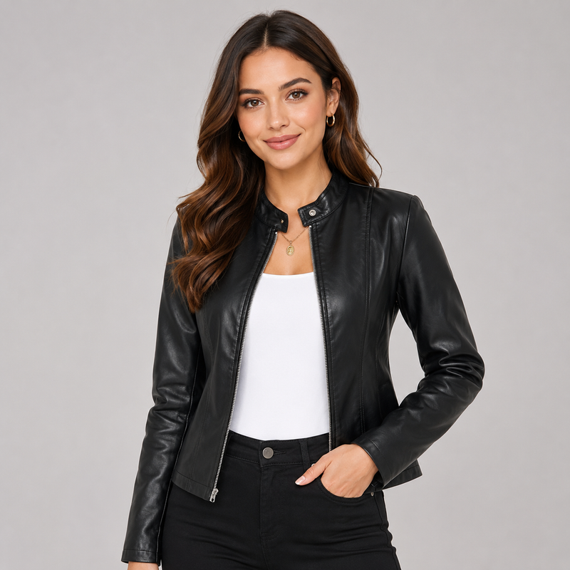 Astrid | Women's Faux Leather Biker Jacket with Zip Front and Stand Collar