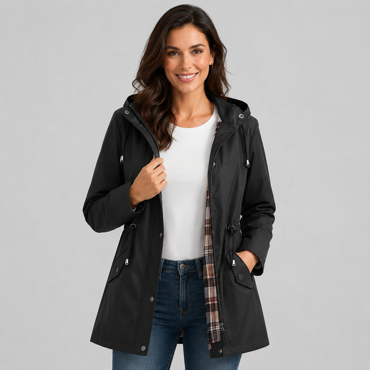 Polly | Women's Raincoat with Hood, Check Lining and Drawstring Waist