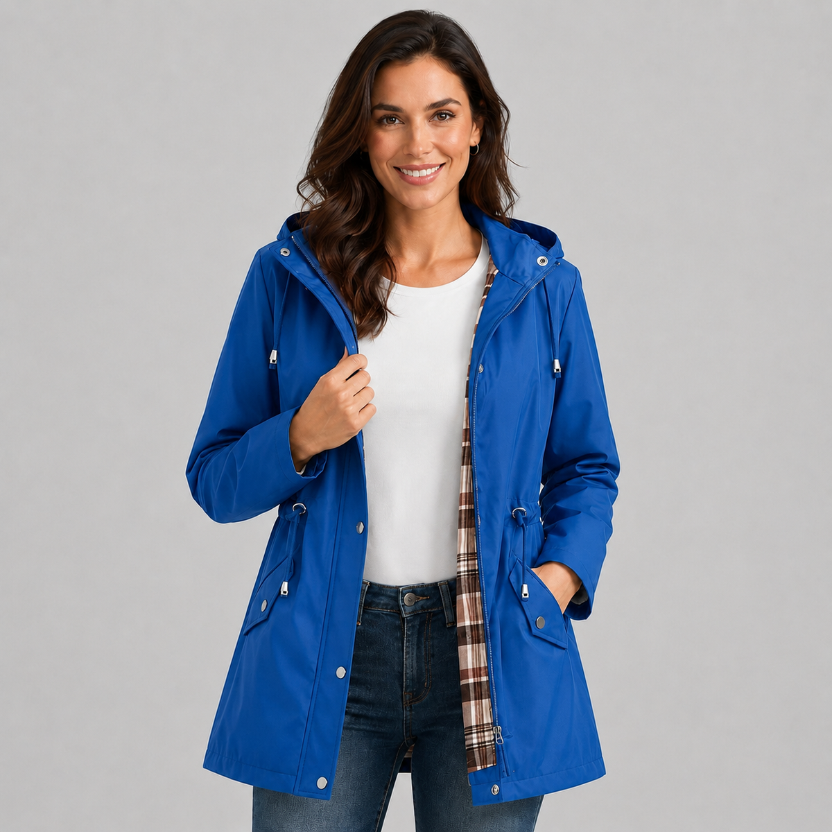 Polly | Women's Raincoat with Hood, Check Lining and Drawstring Waist