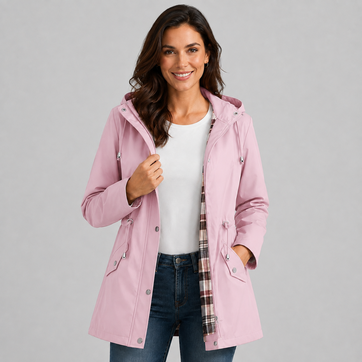 Polly | Women's Raincoat with Hood, Check Lining and Drawstring Waist