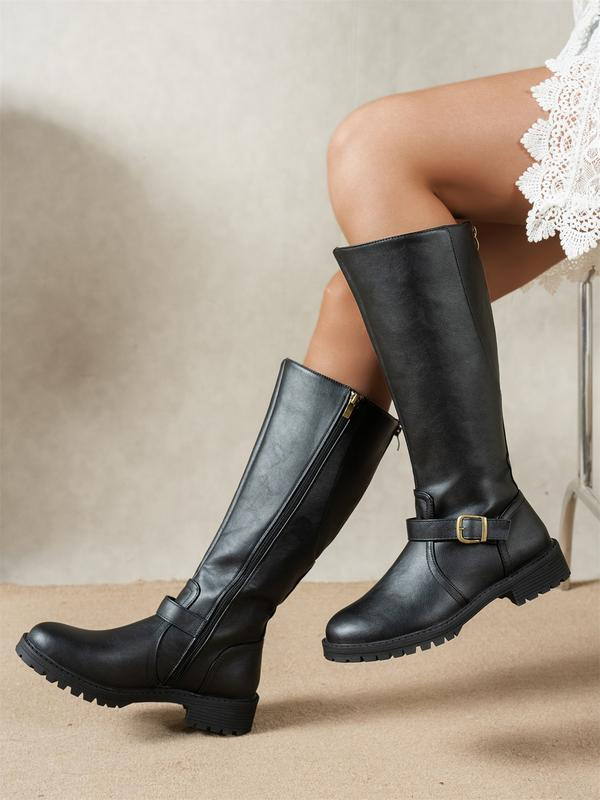 Kate Women's Winter Leather Riding Flat Knee High Boots - Black