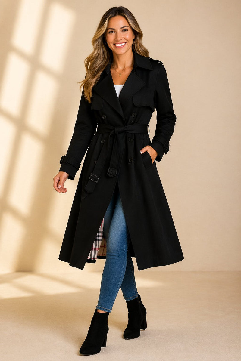 Sarah Women's Long Belted Trench Coat - Black