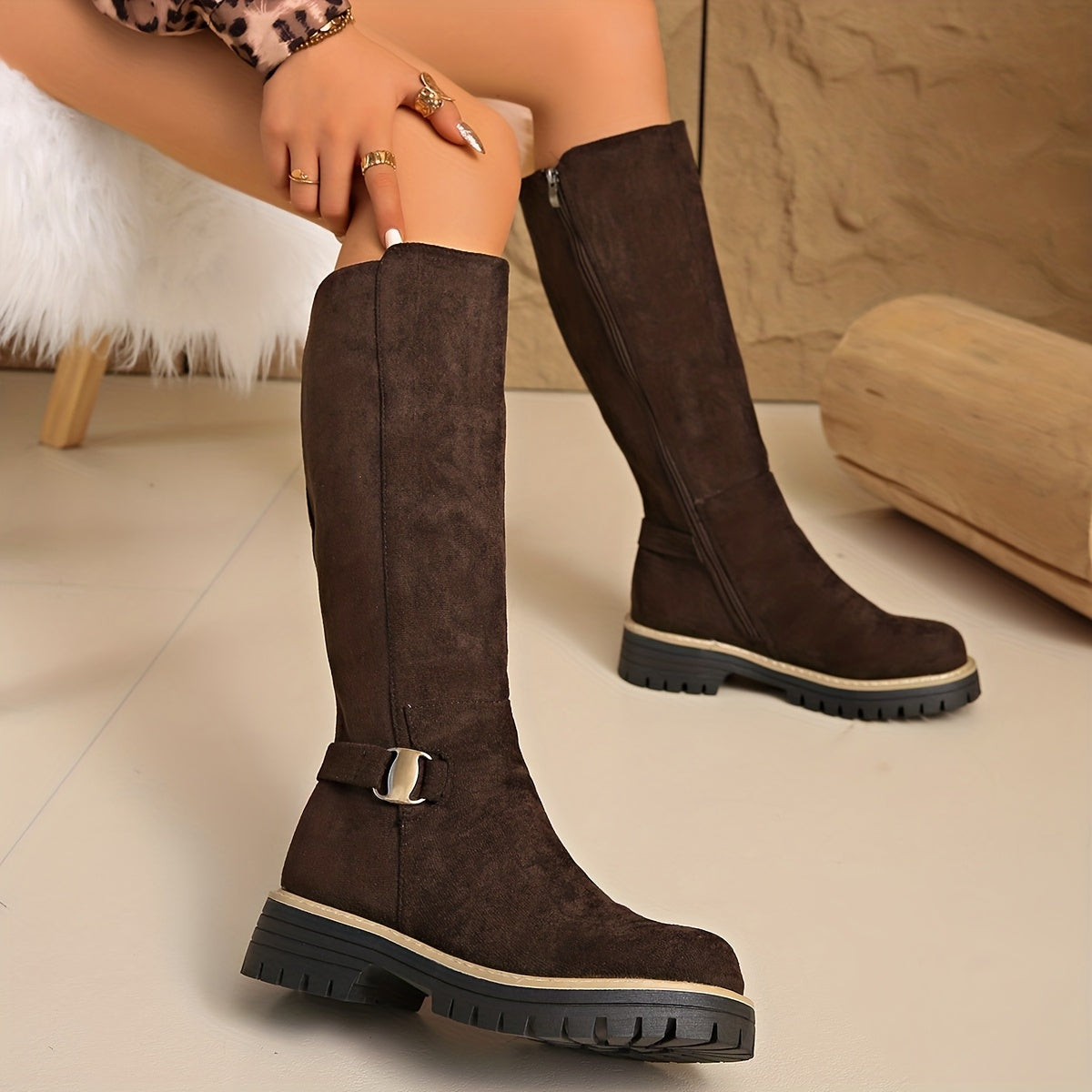 Megan Women's Winter Suede Flat Knee High Boots