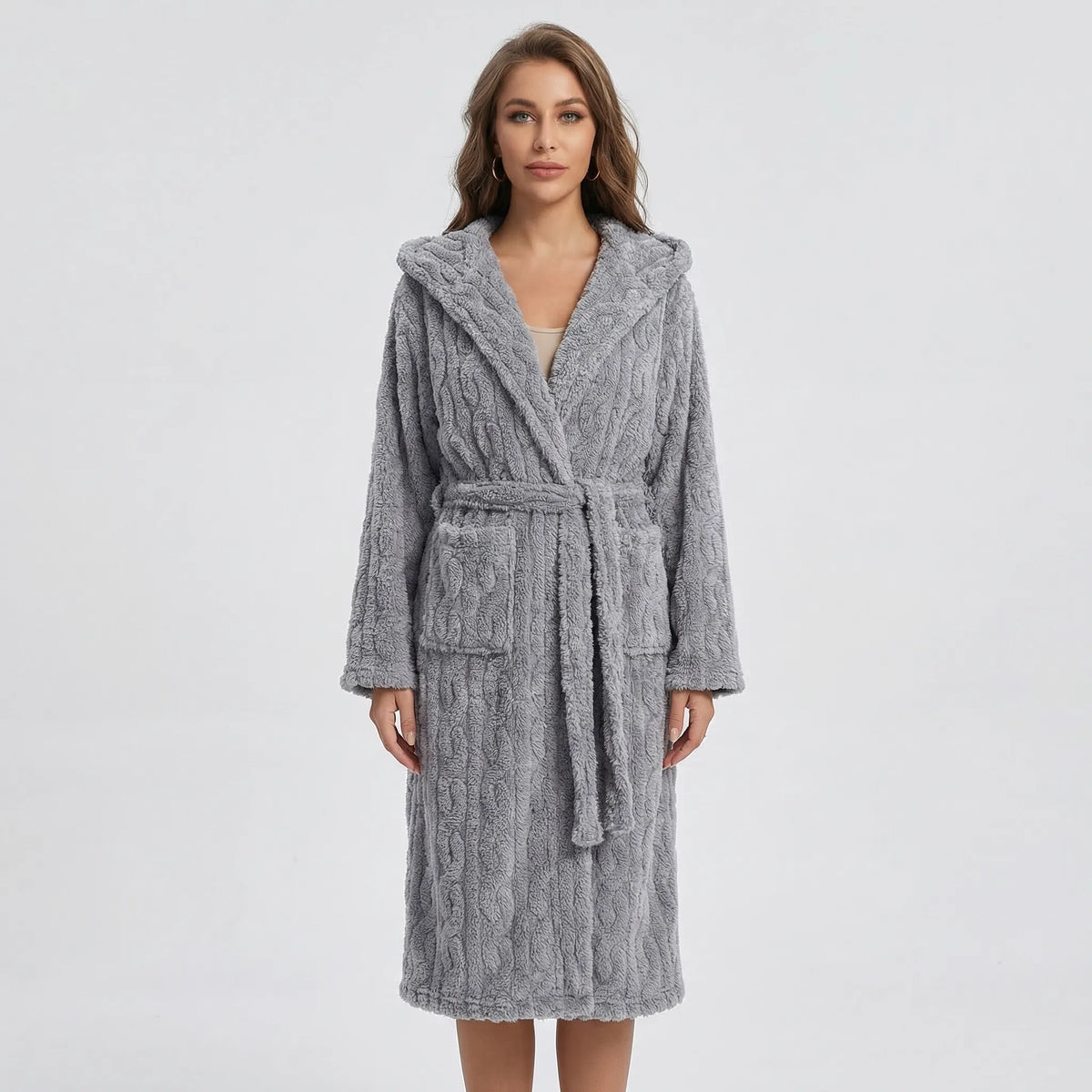 Audrey Long Fleece Hooded Dressing Gown - Grey