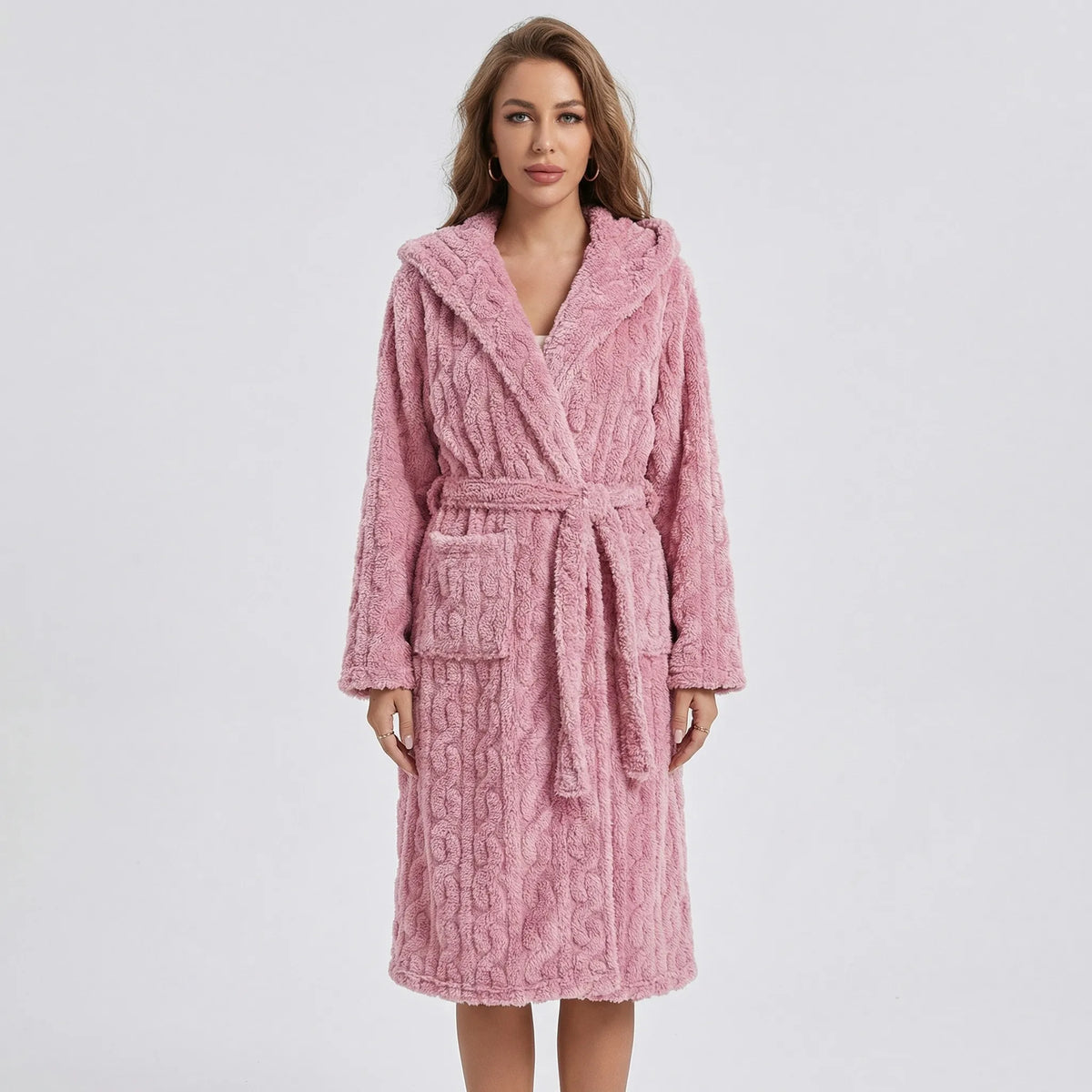 Audrey Long Fleece Hooded Dressing Gown - Pink