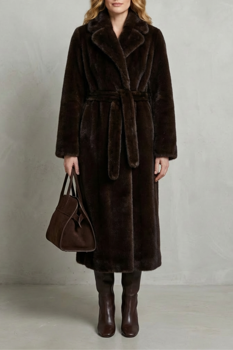Jill Women's Belted Long Faux Fur Coat - Dark Brown