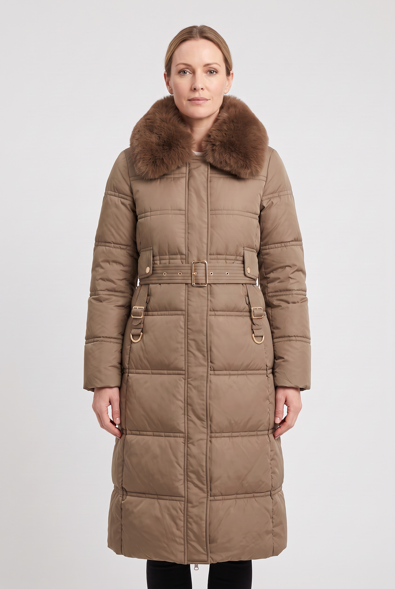 Anna Women's Winter Hooded Quilted Long Puffer Coat - Brown